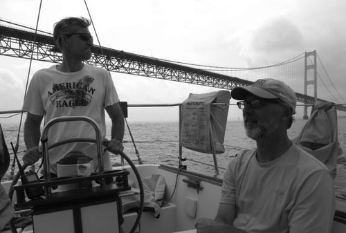 <br />
Submitted photo<br />
The Straits of Mackinac provided perfect sailing on Saturday for Bob Ortlieb, right, owner of this 32 Morgan, and Matt Howell, at the helm, as they prepared to pass under the Mackinac Bridge.<br />
<br />
 © SW